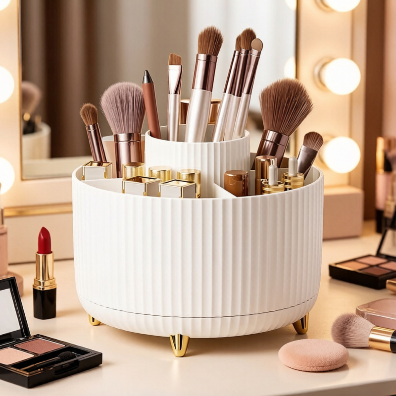 Beauty Kiss Makeup - 360 ° 回転式メイクアップ収納ボックス、大容量デスクトップ化粧品オーガナイザー（バスルーム用）、ポータブルリップスティックブラシペンホルダー