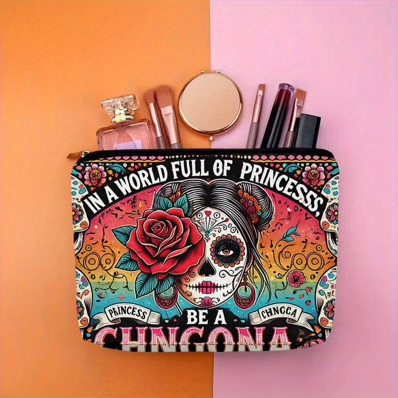 Beauty Bag Makeup - 花と頭蓋骨の化粧品バッグ - 女性用のかわいい多機能ジッパーポーチ、ジュエリー収納バッグ