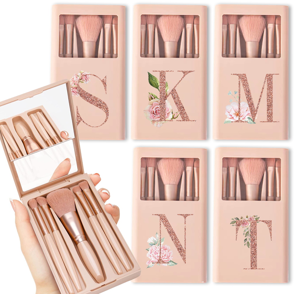 Beauty Flower Makeup - 5 個の化粧ブラシキットミラーとケース付き折りたたみボックス収納化粧ブラシセットポータブル美容ツールローズゴールド文字パターン
