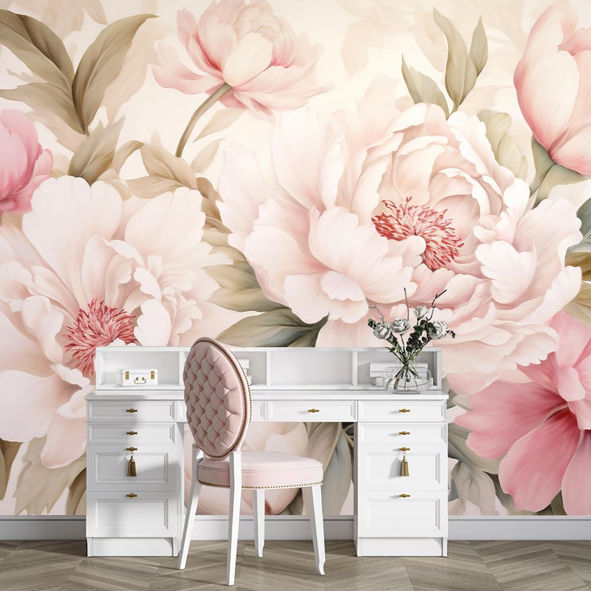Beauty Flower Makeup - エレガントな牡丹の花柄壁画壁紙化粧台デスクメイクアップテーブルセット、ロマンチックな寝室、バスルームの装飾に