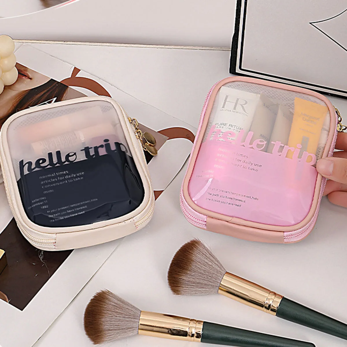 Beauty Kiss Makeup - 透明ポータブルコスメポーチ、口紅オーガナイザー、トラベルポーチ（Bluetoothヘッドホン、充電ケーブル、タッチアップメイクアップバッグ用）
