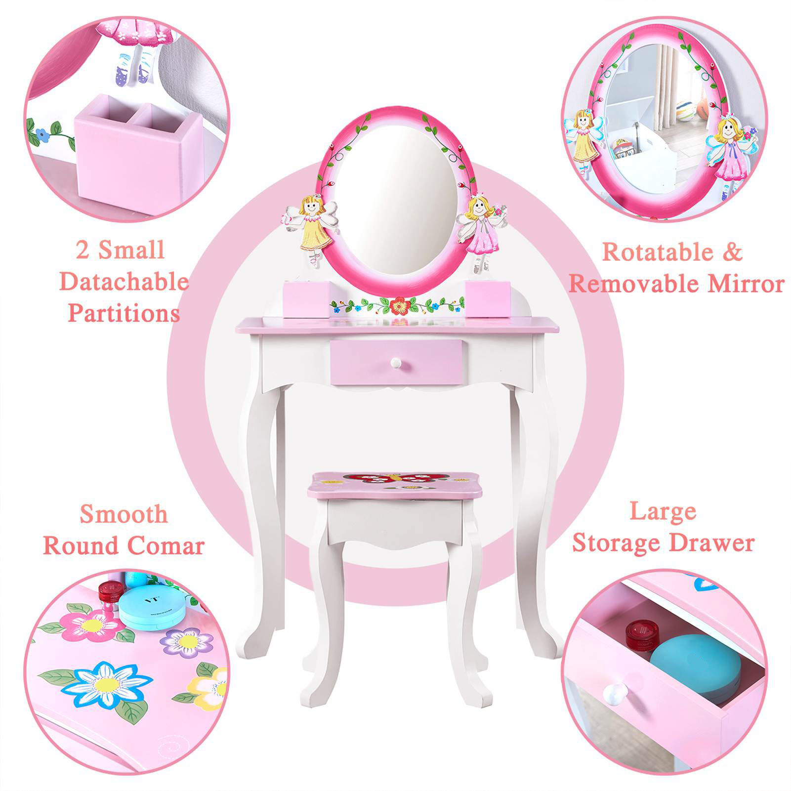 子供用化粧台セット 花柄プリント木製メイクアップドレッシング - Beauty Flower Makeup のレビューと価格